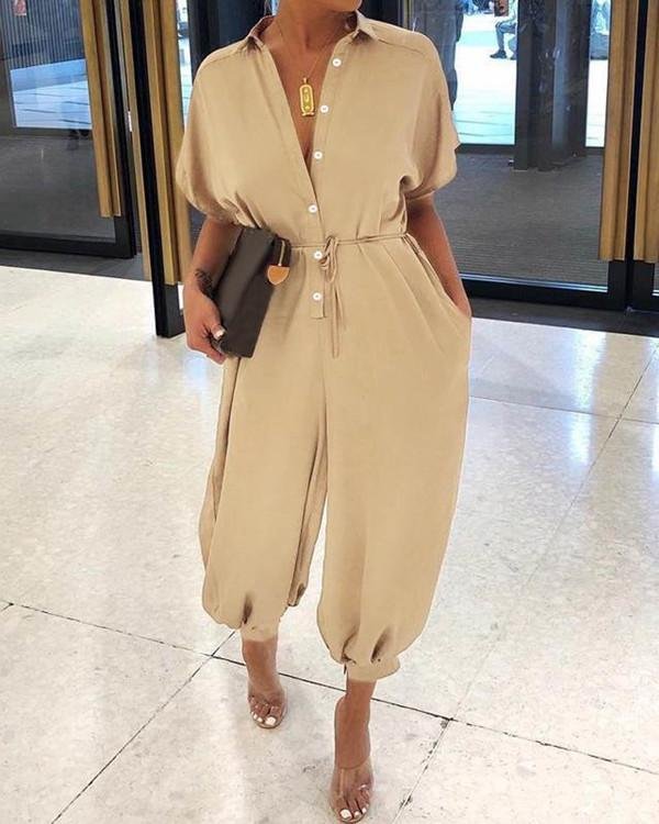 Solid Color Fold-Over Collar Single-Breasted Short-Sleeved Jumpsuit - Chicaggo