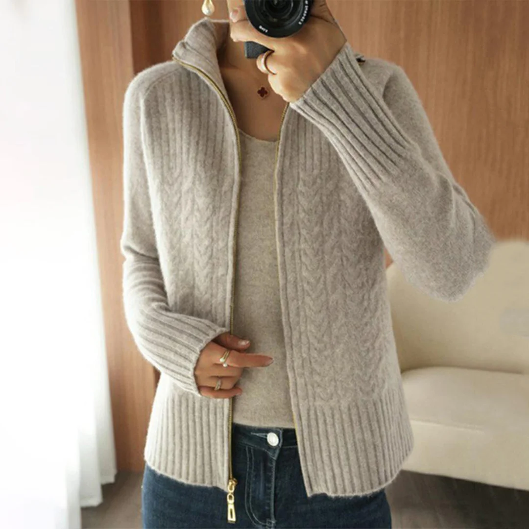 Cable-Knit Apricot Plain Zip V Neck Sweater Cardigan