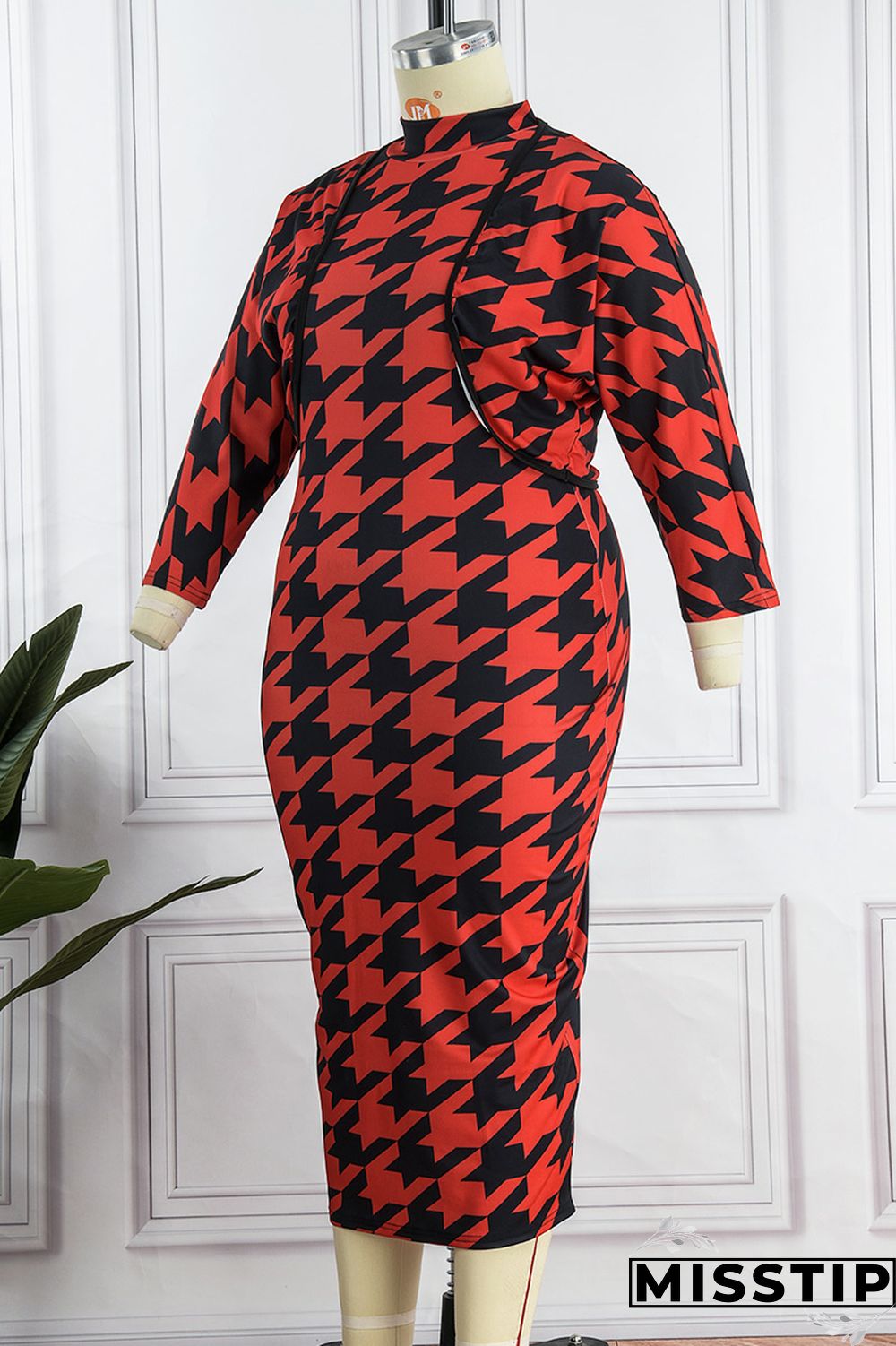 Red Casual Print Basic Half A Turtleneck Sleeveless Dress Plus Size Two Pieces