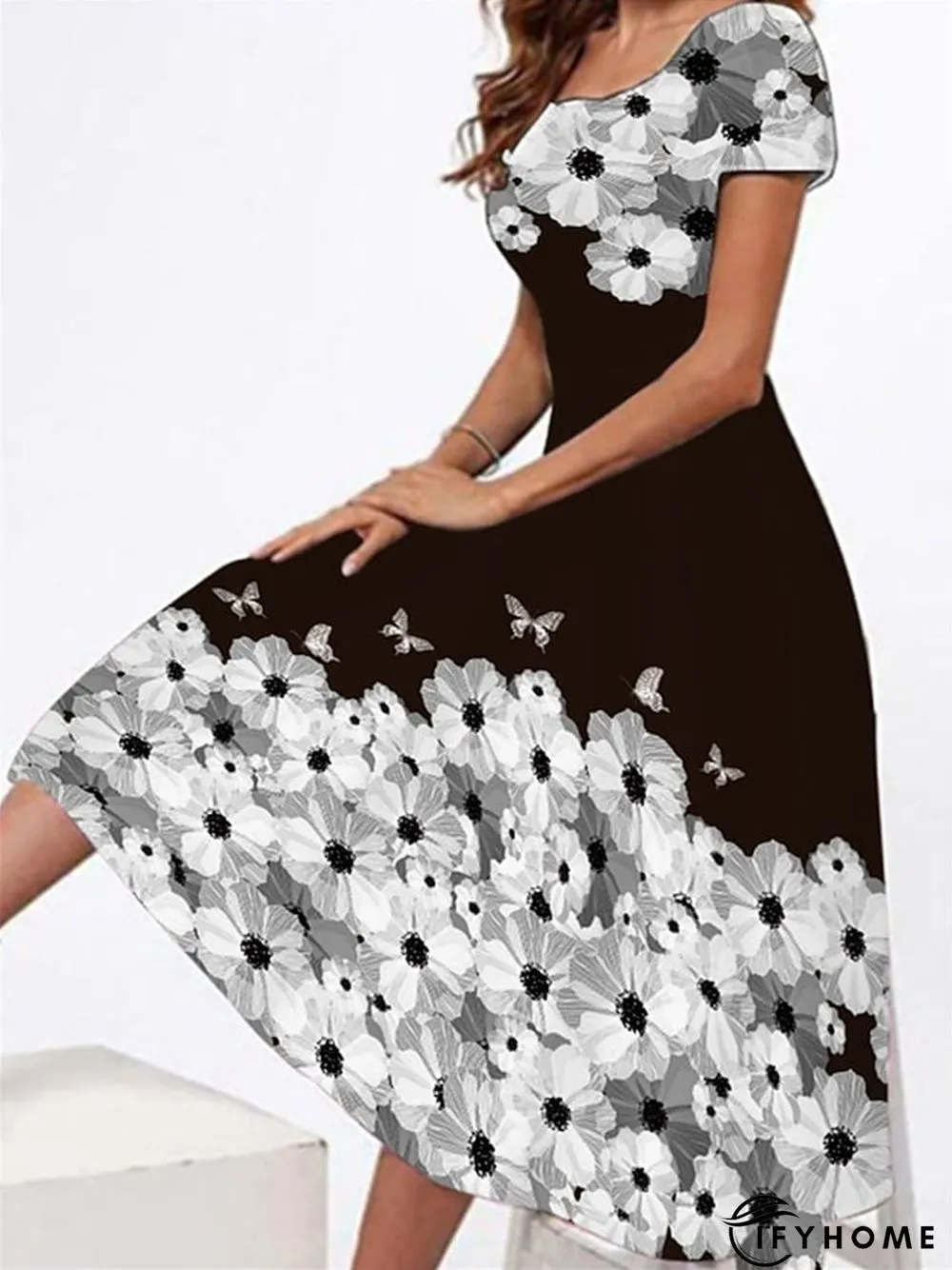 Women's Casual Dress T Shirt Dress Tee Dress Sheath Dress Graphic Floral Print Crew Neck Midi Dress Vintage Elegant Daily Holiday Short Sleeve Regular Fit Black White Yellow Winter Fall S M L XL XXL | IFYHOME