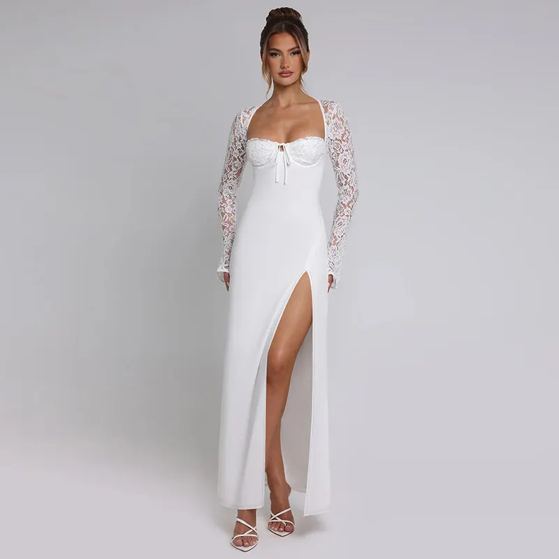 Solid Off Shoulder Lace Long Sleeve Tie Bust High Slit High Waist Bodycon Maxi Dress