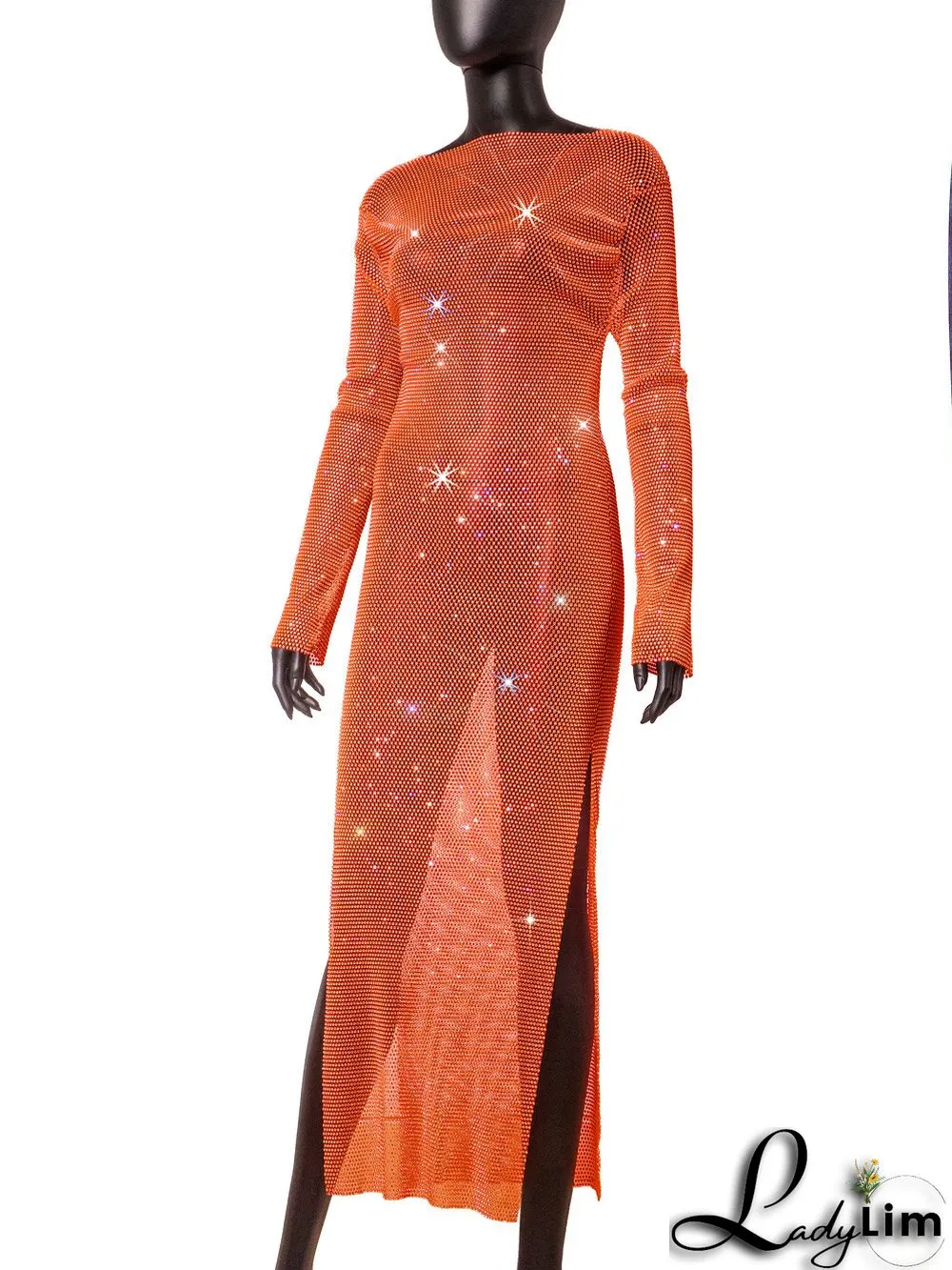 Women's Side Slit Party Night Round Neck Long Sleeve Sparkly Beaded Maxi Dress