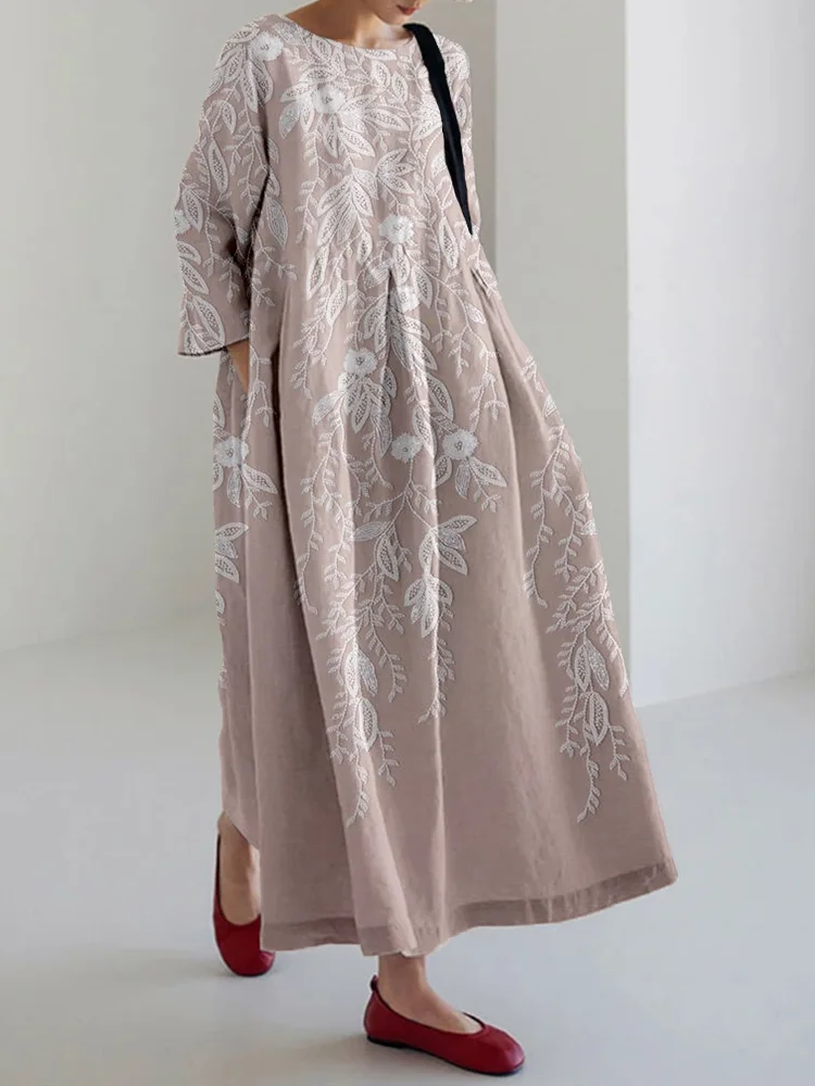 Vintage Floral Lace Embroidered Linen Blend Maxi Dress