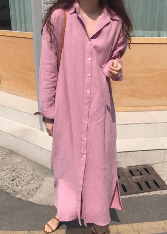 Classy Pink Button side open Cotton shirt long Dress Spring CK1069- Fabulory