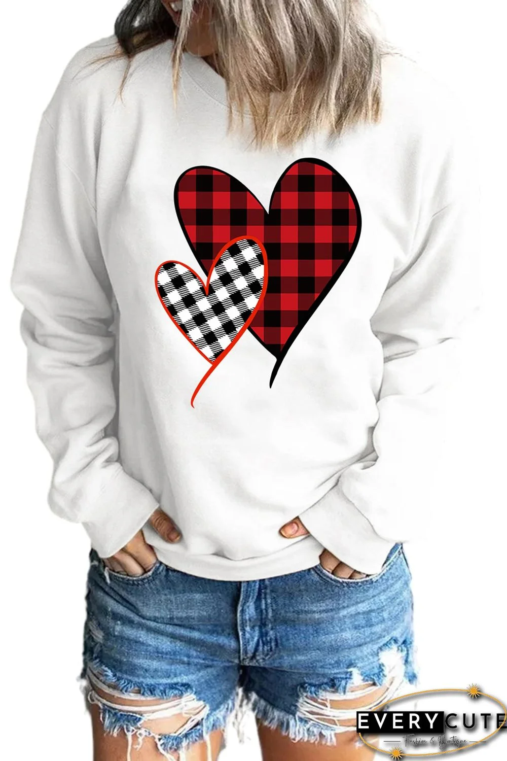 White Plaid Valentine's Heart Pattern Sweatshirt