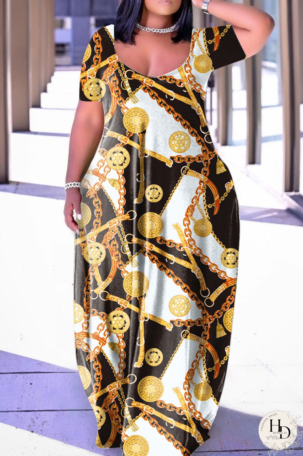 Apricot Casual Print Basic V Neck Short Sleeve Dress Plus Size Dresses