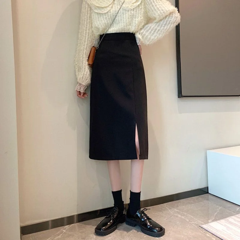 Toloer Toloer Figure A-Word Skirt Female Autumn 2024 New Medium-Long High Waist Show Thin Slit Large Size Package Buttock Skirt-Outfit Ideas