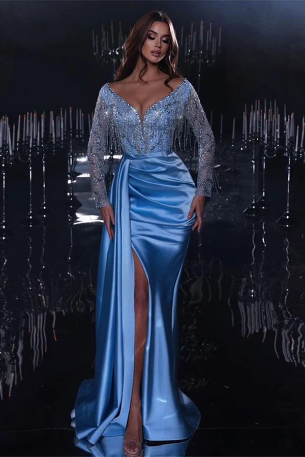 Bellasprom Blue Long Sleeves Mermaid Evening Dress Beadings With Tassels Split Online