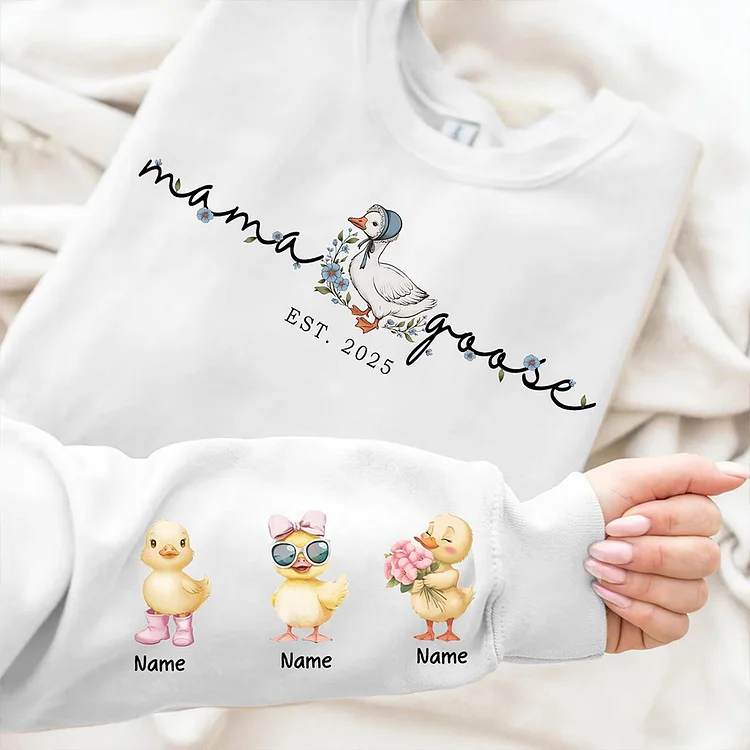 Custom Mama Goose, Mama goose Sweatshirt, Gifts for Mother's Day, Happy Mother's Day, Custom Kids Name On Sleeve