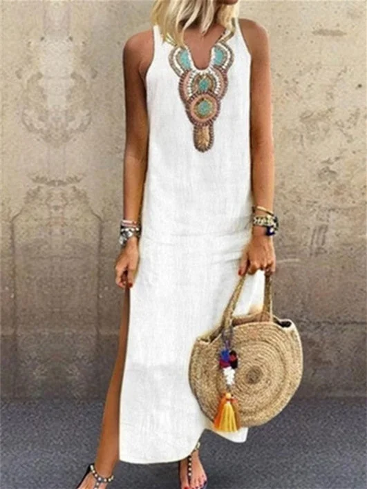 Women's Sleeveless V-neck Graphic Floral Printed Maxi Dress