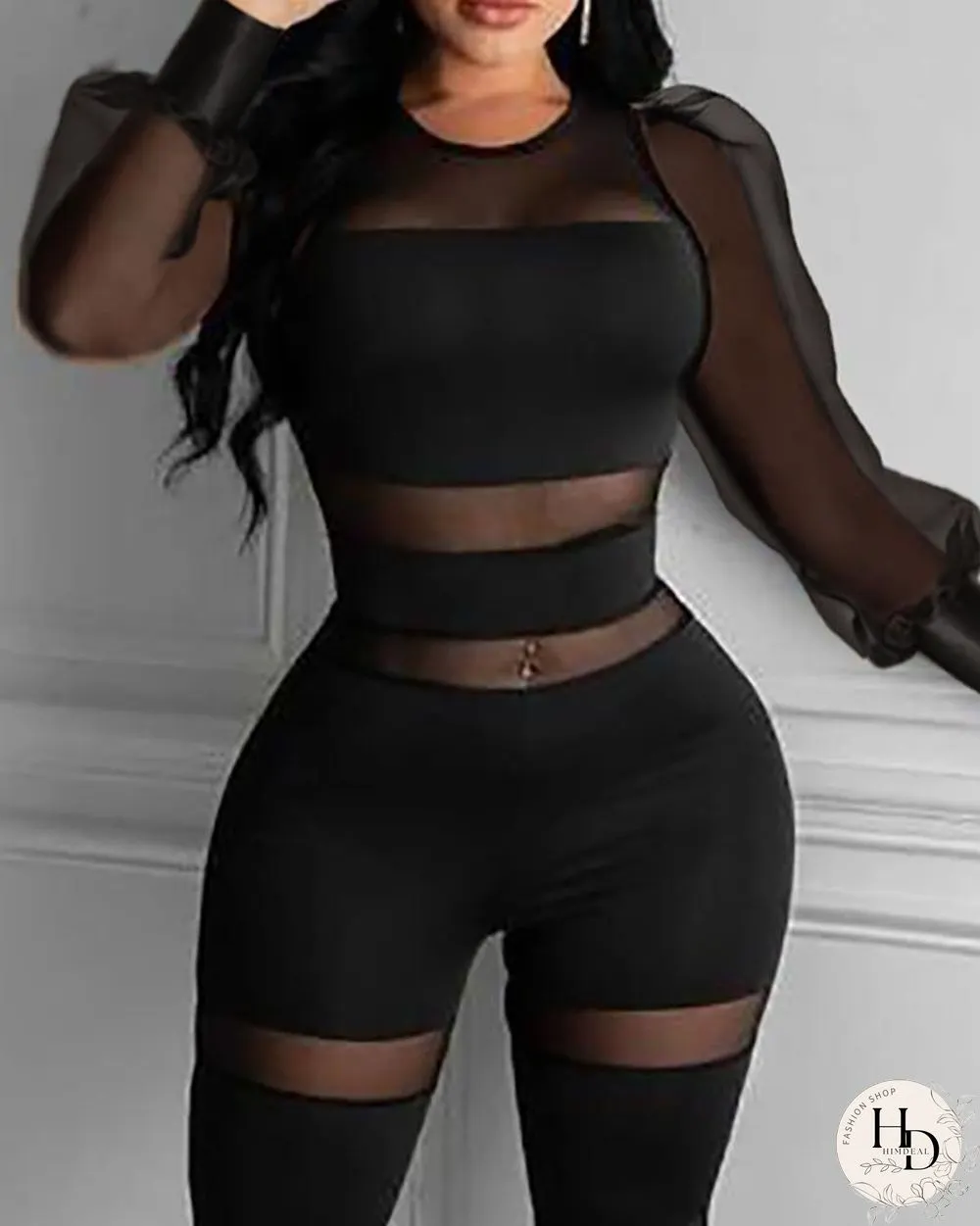 Sheer Mesh Long Sleeve Skinny Jumpsuit P14721