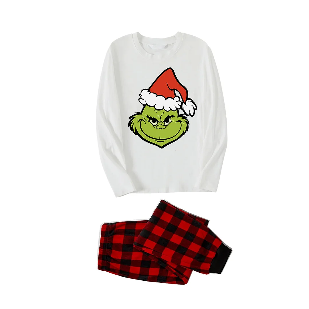 2024 Smile Green Elf Cartoon Pattern Contrast White Long Sleeve with Classic Red and Black Plaid Pants Family Matching Pajamas