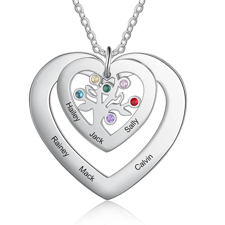 Personalized Heart Family Tree Necklace with 6 Birthstones Necklace for Her