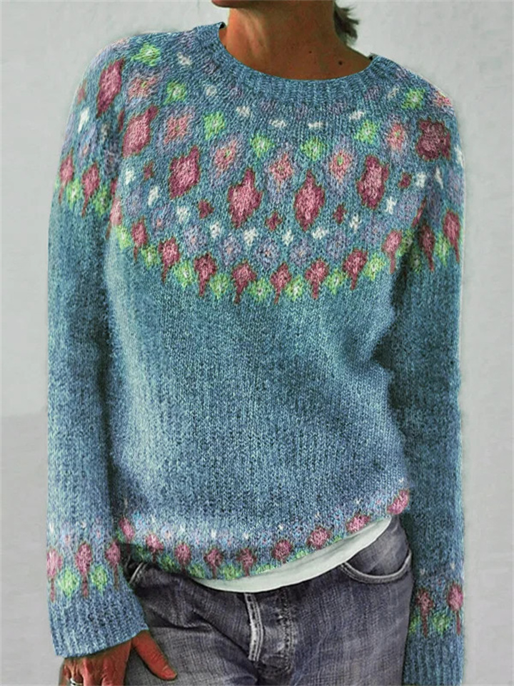 Women's New Round Neck Diamond Print Sweater Loose Fashion Knitwear