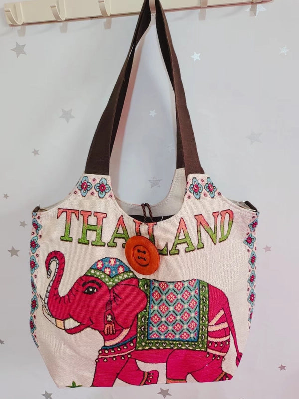 Women’s Large Canvas Elephant Ethnic Style Square Zipper Shoulder Bag