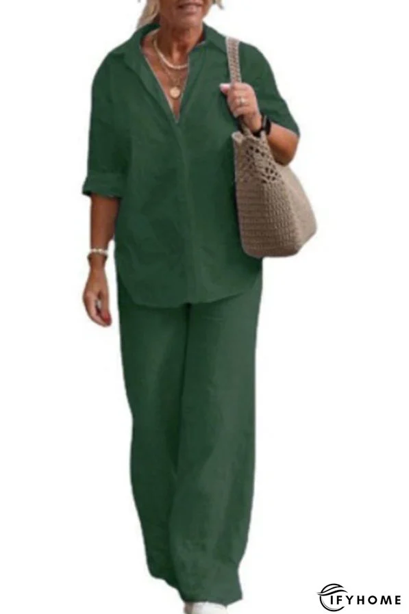 Solid Color Casual Long-sleeved Shirt and Elastic Waisted Loose Wide-leg Pants Set | IFYHOME