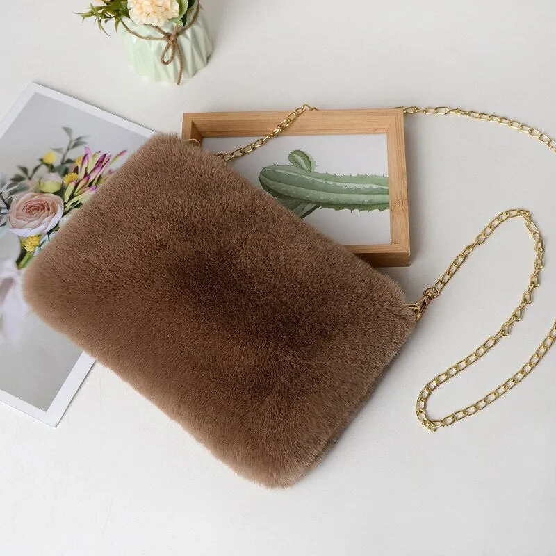 2021 Faux Fur Winter Women Shoulder Crossbody Bag Fashion Square Shaped Bag Female Chain Winter Warm Messenger Bag Plush Handbag
