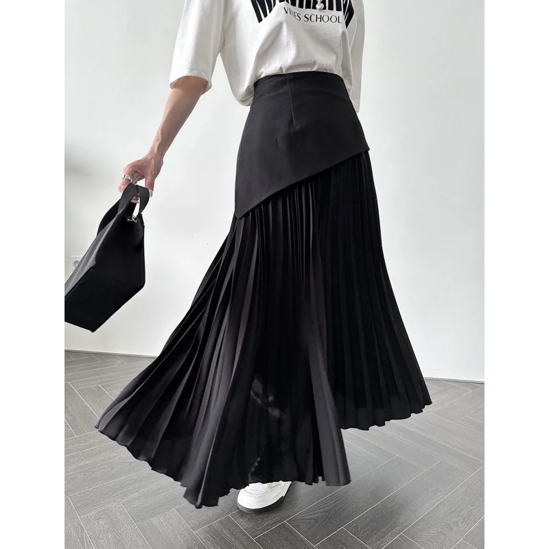 Ueong Autumn 2023 New French Temperament Spliced 100-Pleated Full-Length Skirt Fold Collision Color High-Waist Women's Long Skirt