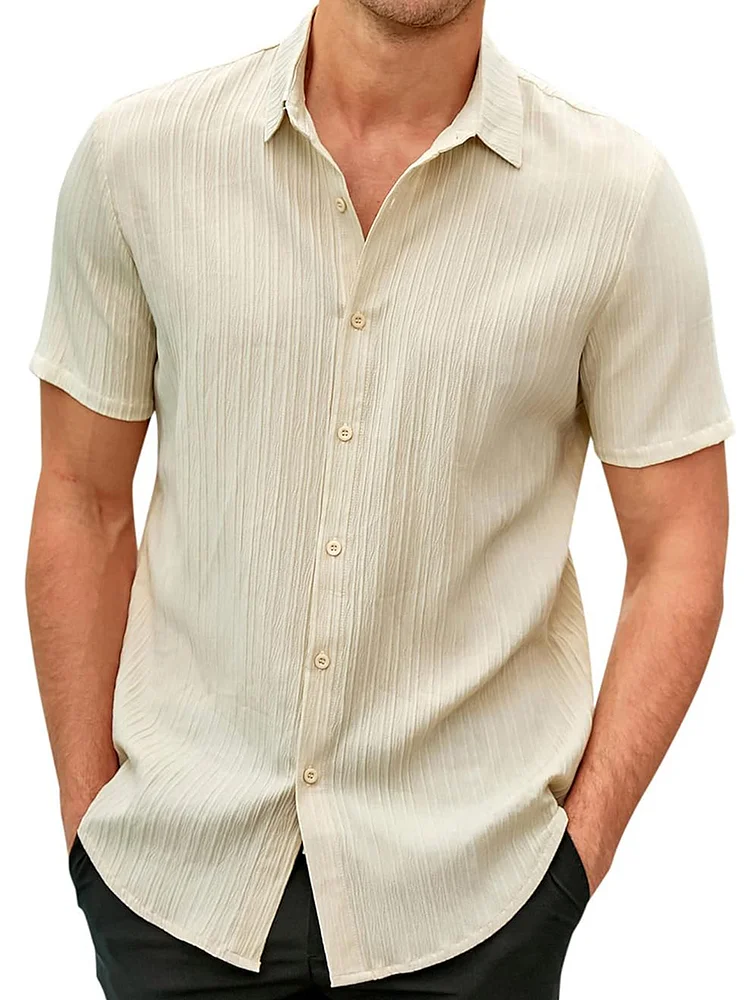 Men's Pleated Stripe Casual Button Short Sleeve Shirt