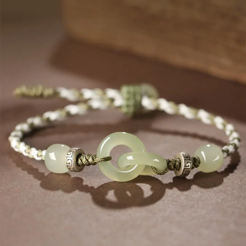Natural Hetian Jade Peace Buckle Luck Braided Bracelet