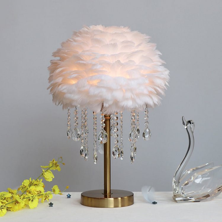 Modern Romantic Domed Table Lamp Feather 1-Light Bedside Night Light with Crystal Decor