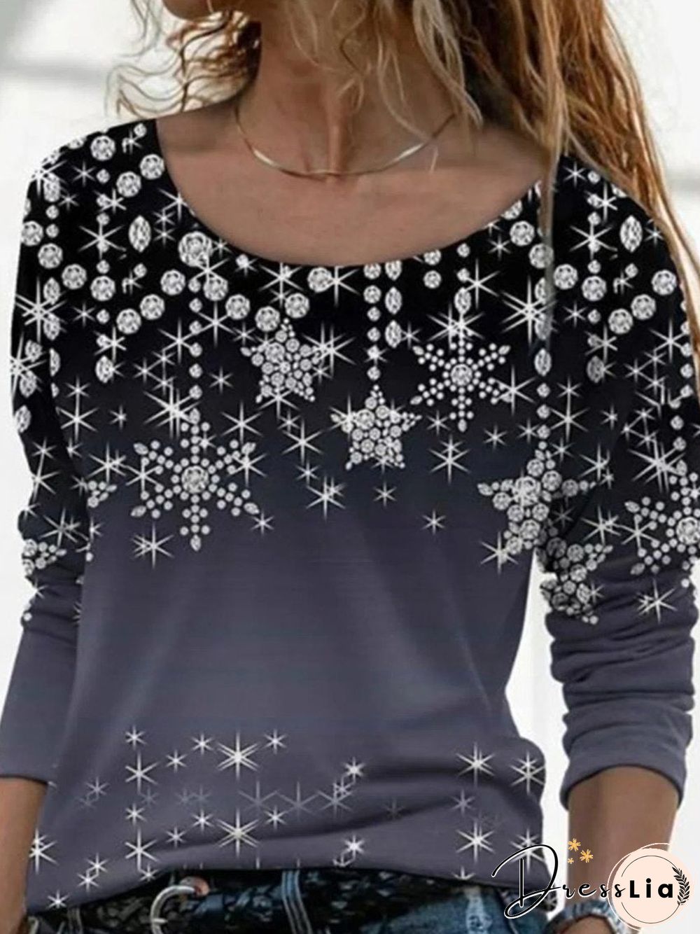 Women Round Neck Starry Printed Top