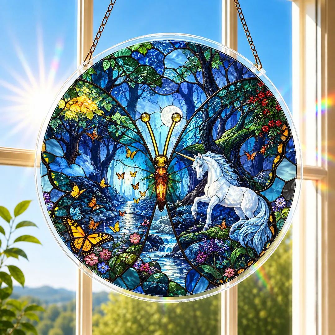 Moonlit Unicorn Forest Stained Glass Suncatcher Puzzle