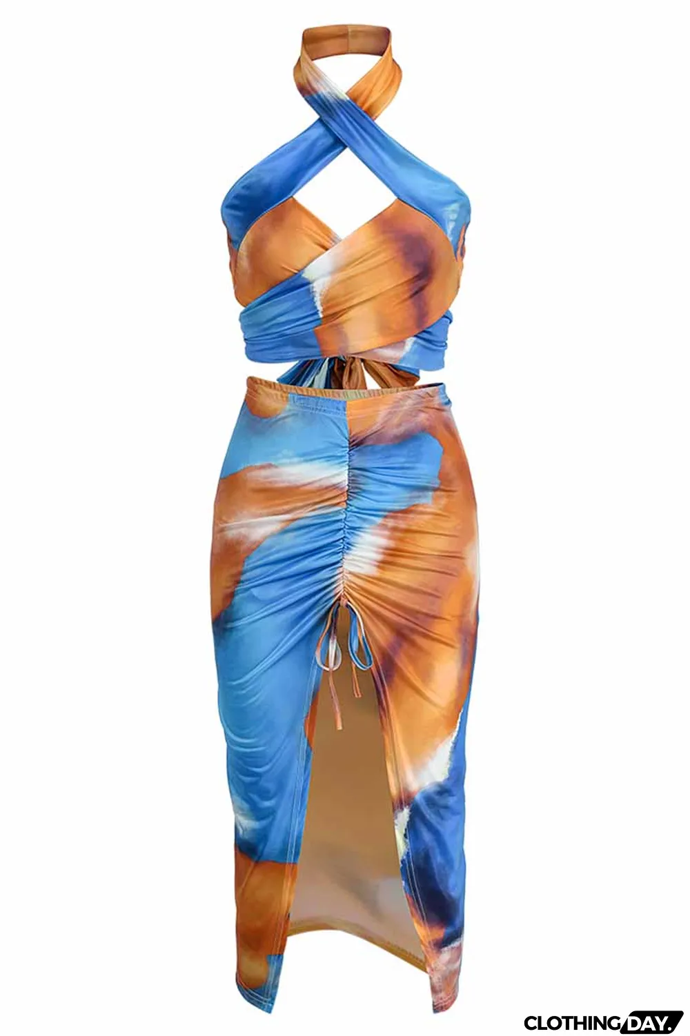 Green Fashion Street Print Patchwork Halter Sleeveless Two Pieces