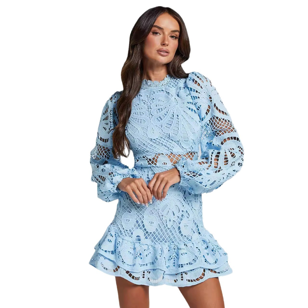 Women's Lace Mini Dress, Cutout Waist Bishop Sleeve Ruffle Hem Party Dress