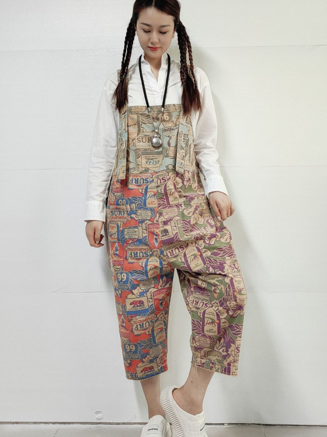 Women's Plus Size Floral Printed Casual Retro Cropped Workwear Denim Overalls Jumpsuit