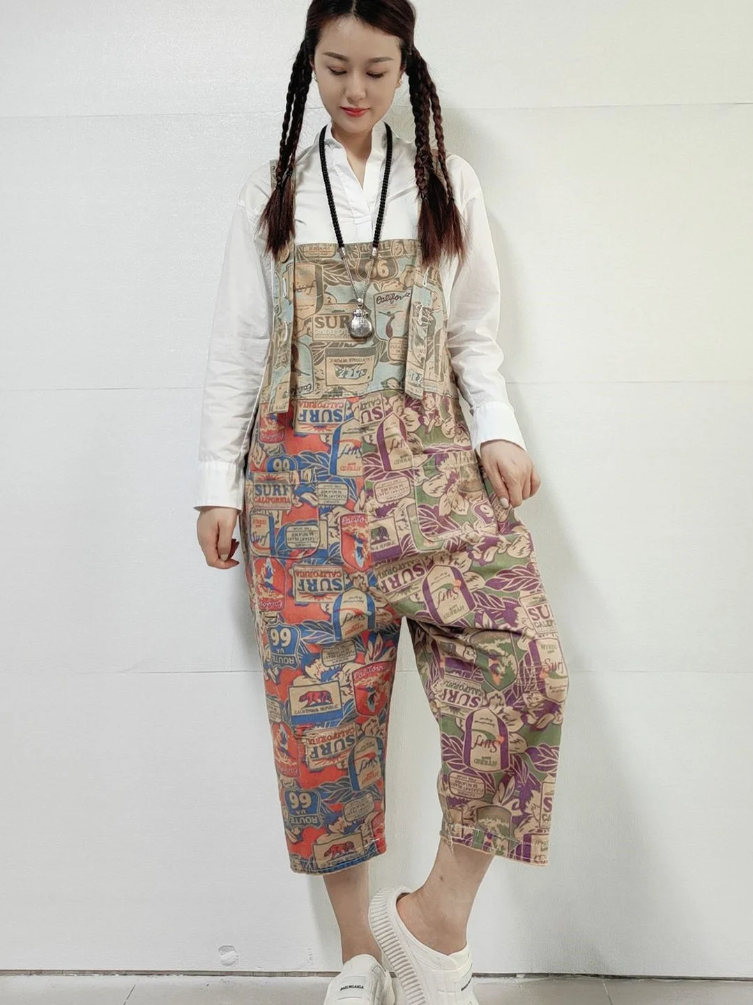 Women's Plus Size Floral Printed Casual Retro Cropped Workwear Denim Overalls Jumpsuit