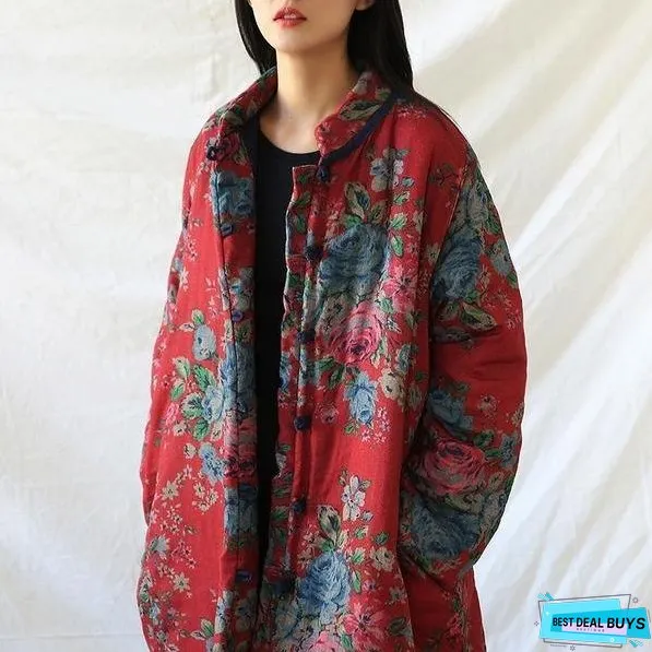 Women Red Print Floral Vintage Parkas Linen Pockets Winter New Chinese Style Parkas