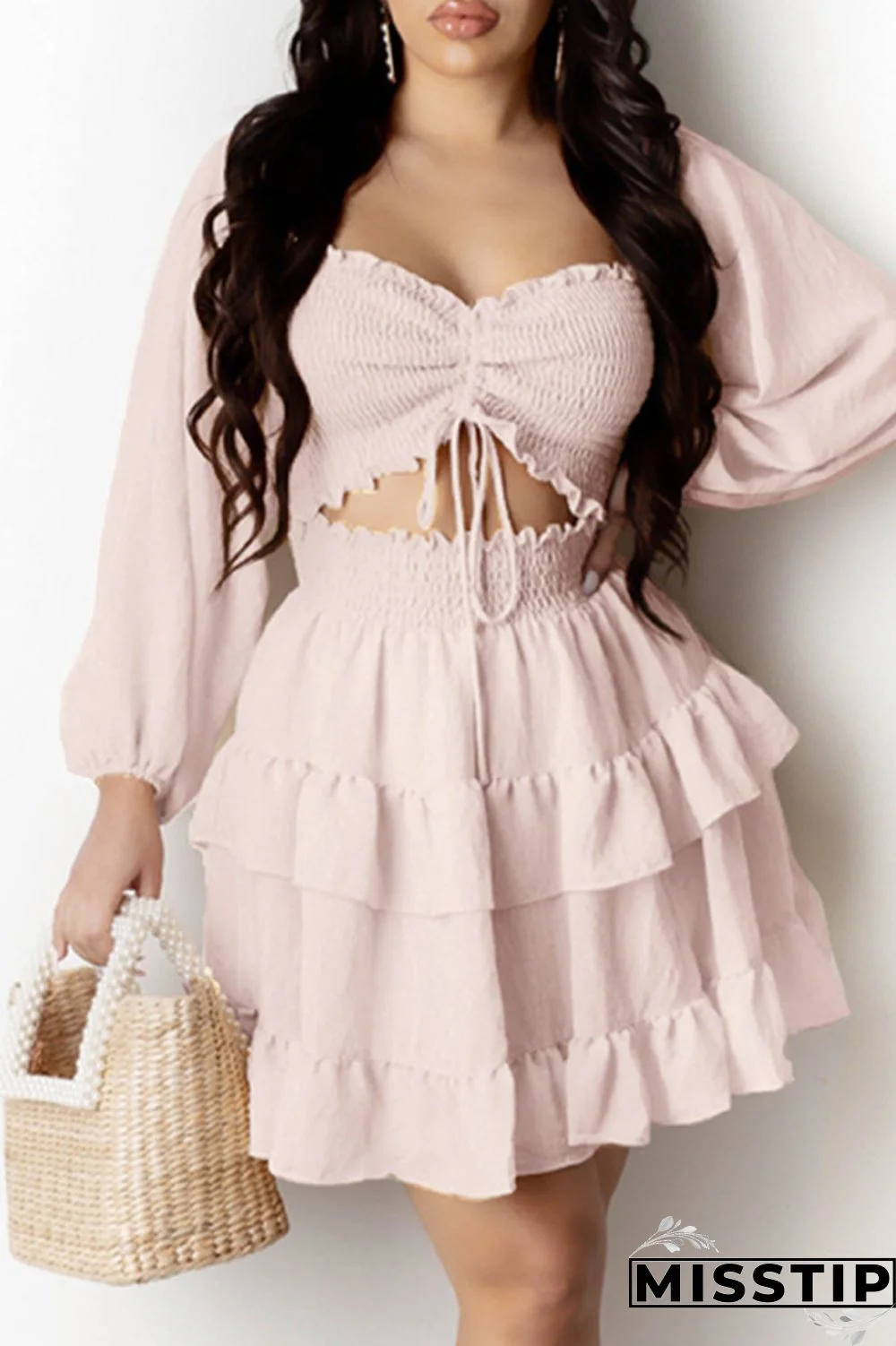 Pink Sexy Casual Solid Hollowed Out Off the Shoulder Long Sleeve Dresses