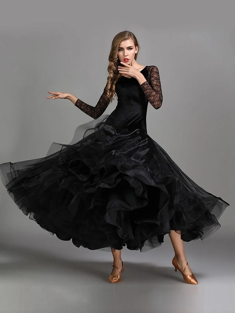 Long Sleeves Ballroom Dance Dress Big Swing Rhinestone Velvet Dresses ...