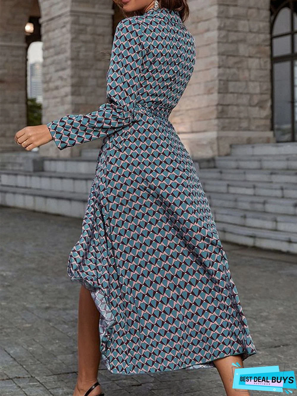 V-Neck Long Sleeve Printed Long Dress