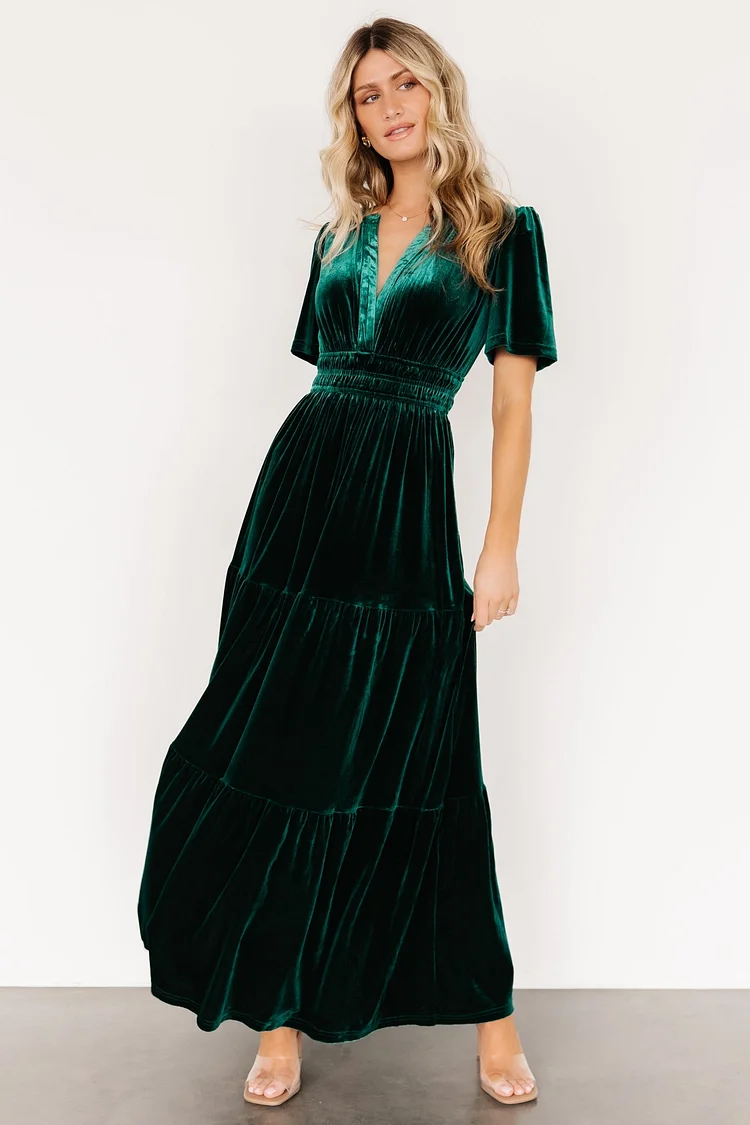 Velvet Floral Maxi Dress - Emerald