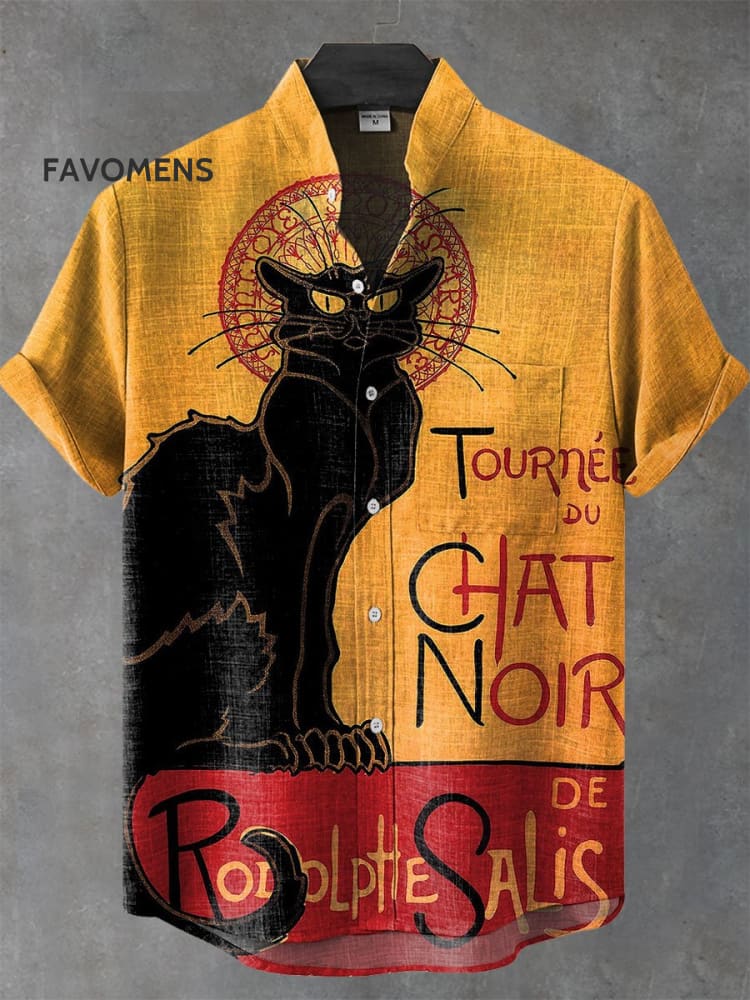 Vintage Andsome Black Cat Contrast Color Art Print Casual 100% Cotton Shirt Multicolor / S