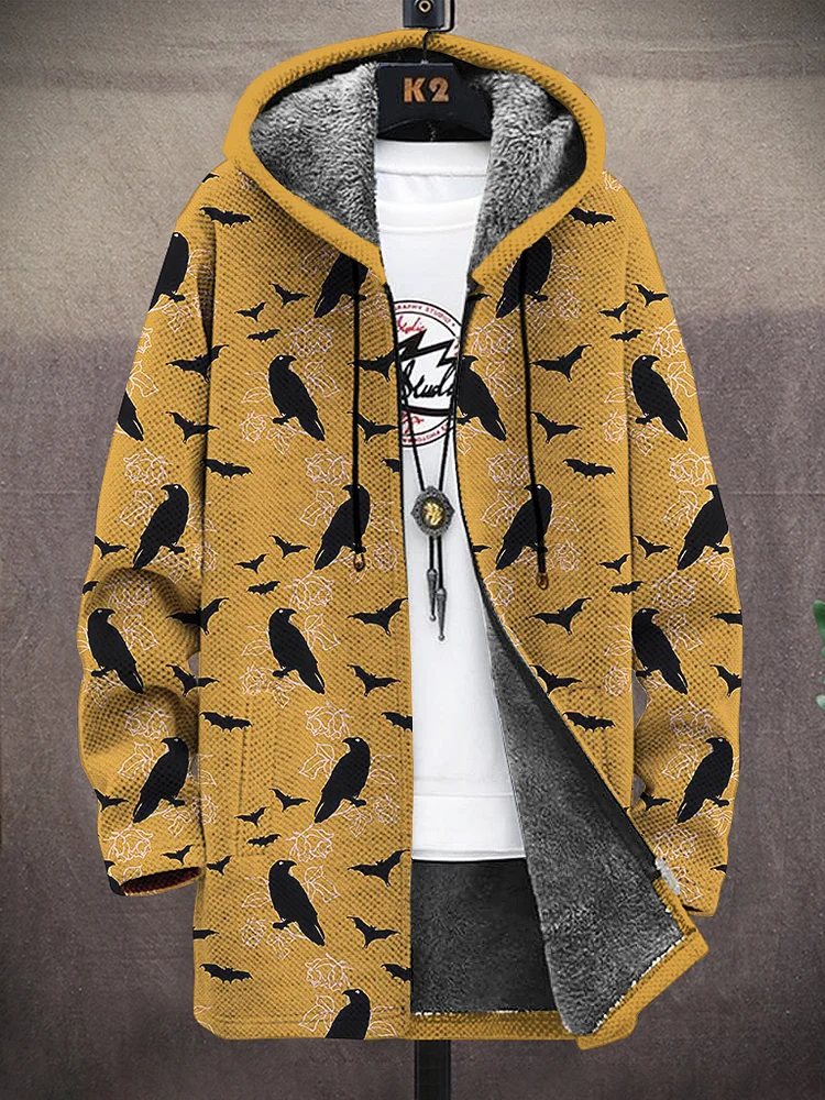 Men's Halloween Bat Crow Print Fleece Lined Hooded Trench Coat