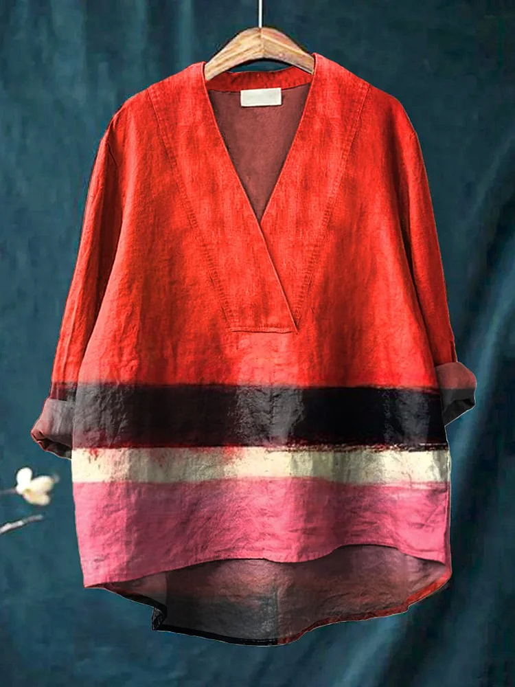 Abstract Geometric Color Blocks Art Printed Women's Casual Cotton And Linen V-neck Shirt