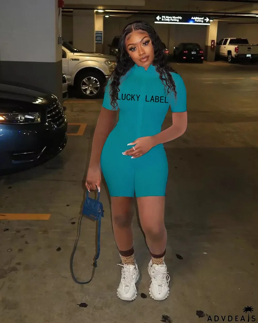 Turtleneck Threaded Letter Zipper Jumpsuit