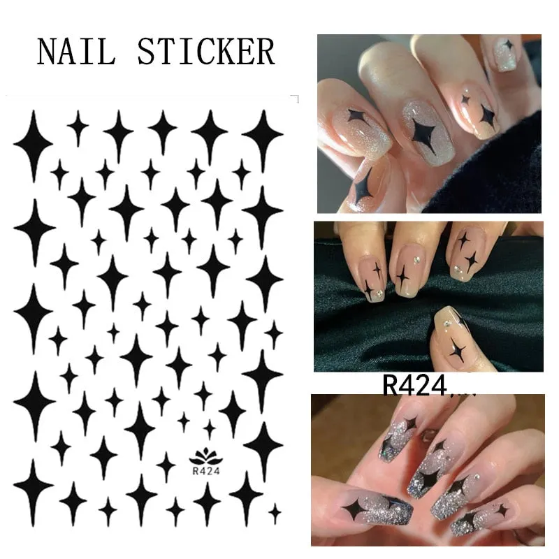 Black Red 3D Nail Sticker Self Adhesive Love Heart Star Butterfly Flower Nail Decals Slider DIY Nail Art Decoration-Nail Inspo