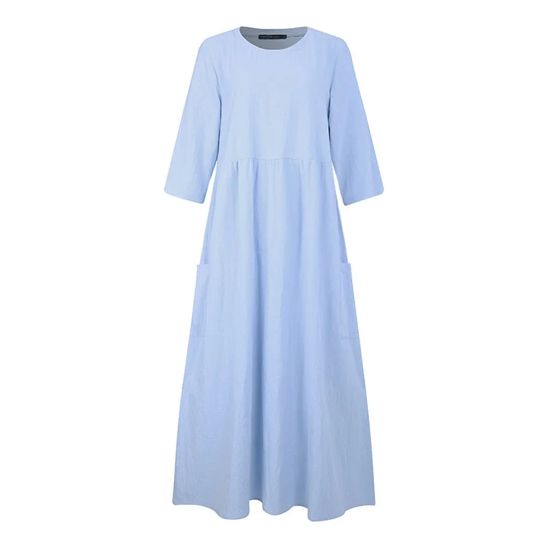 Summer Cotton Linen Dress ZANZEA Women 3/4 Sleeve Solid Autumn Sundress Elegant O neck Loose Work Vestido Robe Femme Dresses