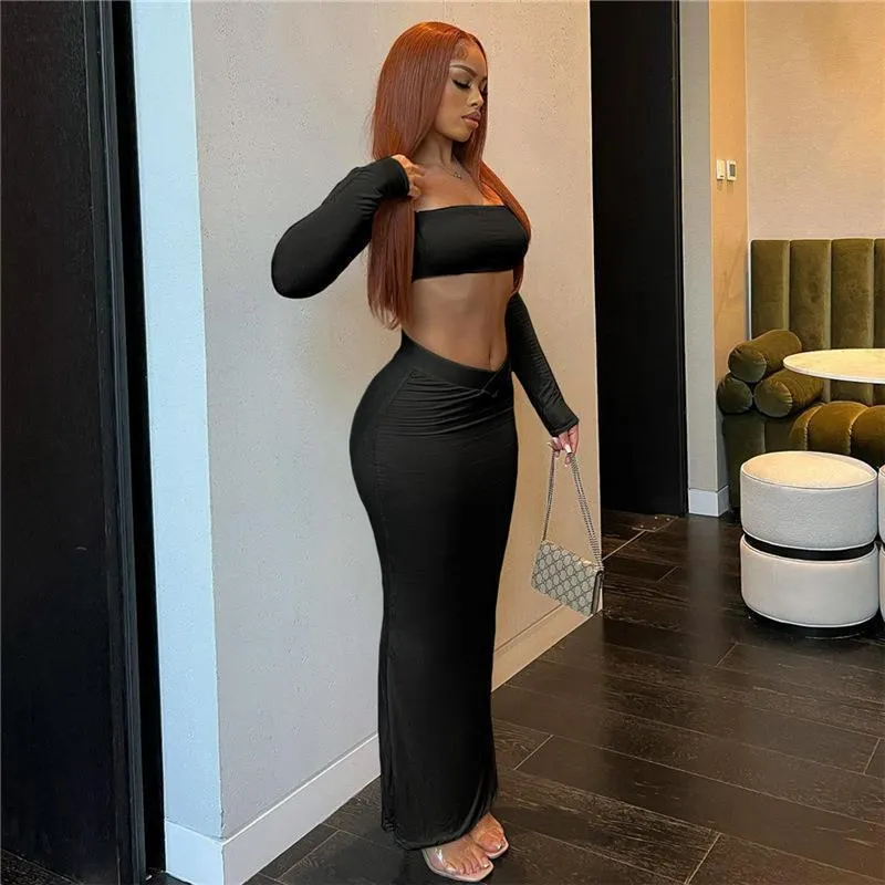 Uveng Uveng New Women's Fashion Square Collar Cord T-Shirt Slim Low Purse Hip Skirt Suit