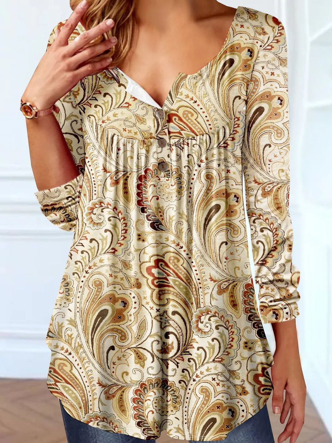 Notched Casual Ethnic Printed Button Tunic T-Shirt