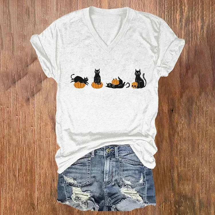 Halloween Pumpkin And Cats Printe Casual T-Shirt