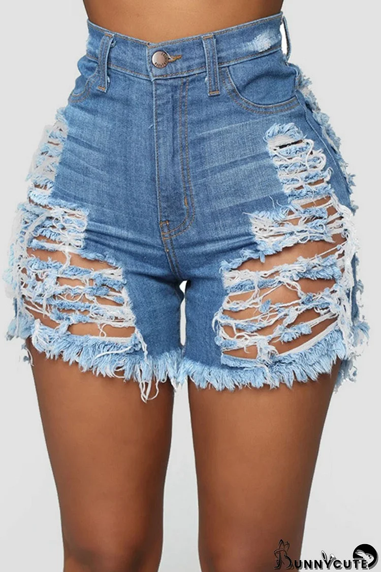 Light Blue Sexy Street Solid Ripped Make Old Patchwork High Waist Denim Shorts