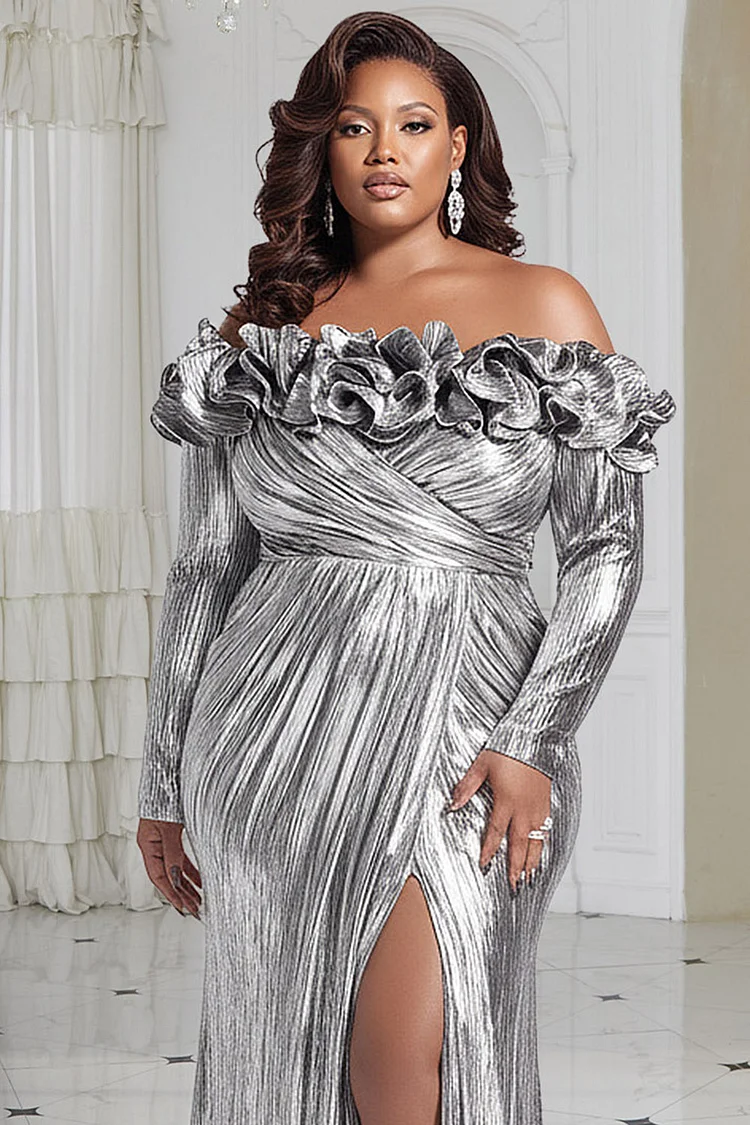 Xpluswear Design Plus Size Formal Silver Off The Shoulder Long Sleeve Ruffle Elegant Split Glitter Maxi Dresses [Pre-Order]