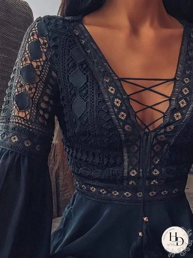 Deep V-neck Tie Long Sleeve Mini Dress