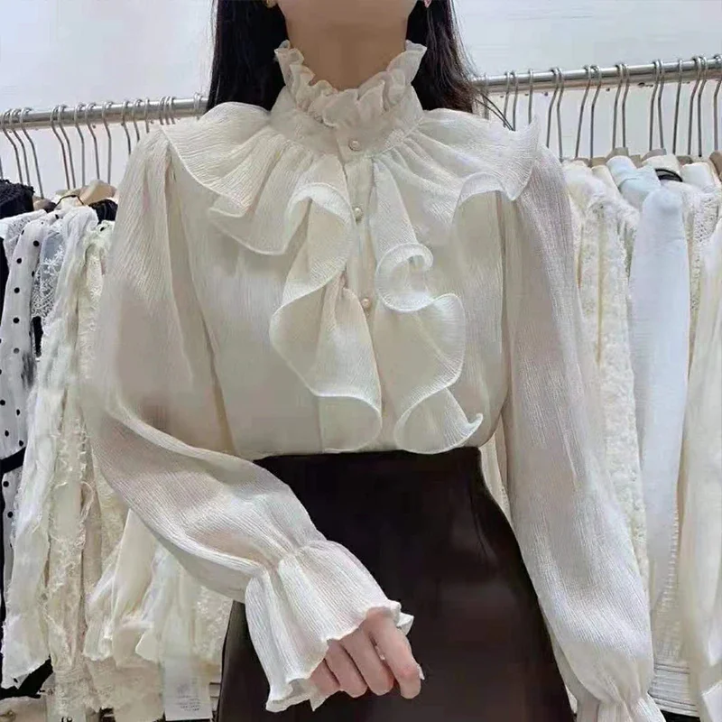 Woherb 2021 Spring Autumn Basic Shirts Blouses Women Fashion Long Sleeve Elegant Office Lady Work Solid White Ruffled Chic Tops Blusas