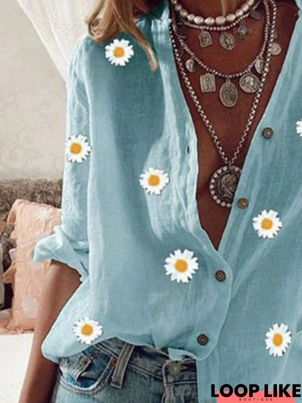 Long Sleeve Shift Floral Shirt Collar Blouse